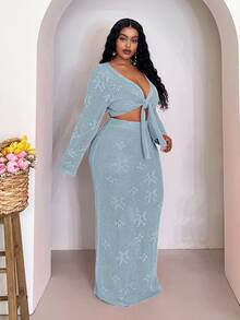 Slaydiva Plus Size Women Holiday Beach Vacation Wedding Guest Solid Color Hollow Out Knit Top And Skirt Set Winter Fall Autumn Light Blue Elegant Sexy - Baby Blue - View 4