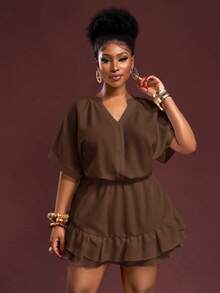 Veslaya Plus Size Chocolate Brown Summer Smart Casual Everyday 2 Pieces Set,Woven Textured V-Neck Cropped Shirt A-Line Double Ruffle Skort Brunch Vacation - Brown - View 8
