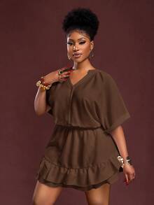 Veslaya Plus Size Chocolate Brown Summer Smart Casual Everyday 2 Pieces Set,Woven Textured V-Neck Cropped Shirt A-Line Double Ruffle Skort Brunch Vacation - Brown - View 9