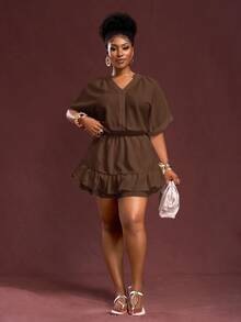 Veslaya Plus Size Chocolate Brown Summer Smart Casual Everyday 2 Pieces Set,Woven Textured V-Neck Cropped Shirt A-Line Double Ruffle Skort Brunch Vacation - Brown - View 7