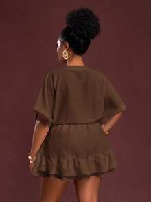 Veslaya Plus Size Chocolate Brown Summer Smart Casual Everyday 2 Pieces Set,Woven Textured V-Neck Cropped Shirt A-Line Double Ruffle Skort Brunch Vacation - Brown - View 2