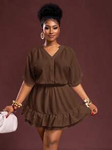 Veslaya Plus Size Chocolate Brown Summer Smart Casual Everyday 2 Pieces Set,Woven Textured V-Neck Cropped Shirt A-Line Double Ruffle Skort Brunch Vacation - Brown - View 4