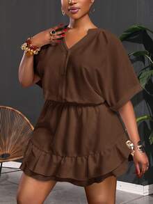 Veslaya Plus Size Chocolate Brown Summer Smart Casual Everyday 2 Pieces Set,Woven Textured V-Neck Cropped Shirt A-Line Double Ruffle Skort Brunch Vacation - Brown - View 3