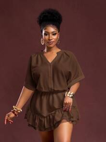 Veslaya Plus Size Chocolate Brown Summer Smart Casual Everyday 2 Pieces Set,Woven Textured V-Neck Cropped Shirt A-Line Double Ruffle Skort Brunch Vacation - Brown - View 5
