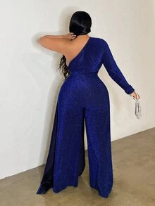 Slaydiva Plus Size Elegant Party Asymmetric Waisted Straight Green Jumpsuit, Autumn/Winter Fall - Blue - View 2