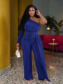 Slaydiva Plus Size Elegant Party Asymmetric Waisted Straight Green Jumpsuit, Autumn/Winter Fall - Blue - View 1