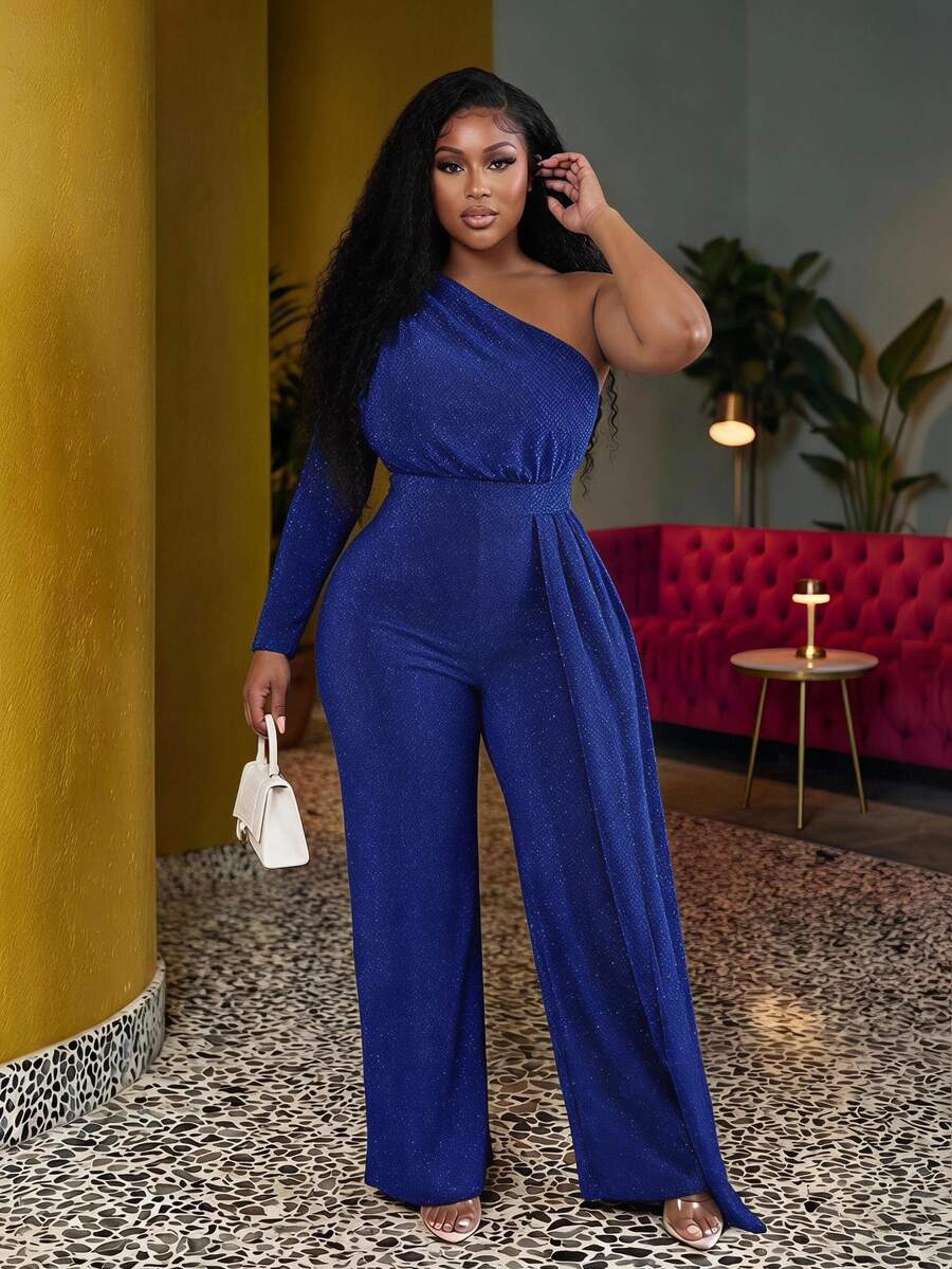 Slaydiva Plus Size Elegant Party Asymmetric Waisted Straight Green Jumpsuit, Autumn/Winter Fall - Blue - View 1