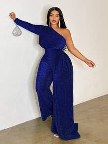 Slaydiva Plus Size Elegant Party Asymmetric Waisted Straight Green Jumpsuit, Autumn/Winter Fall - Blue - View 6