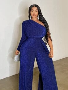 Slaydiva Plus Size Elegant Party Asymmetric Waisted Straight Green Jumpsuit, Autumn/Winter Fall - Blue - View 3