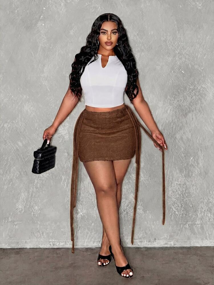 Veslaya Plus Size Women Solid Color Patchwork Tassel Design Knit Midi Skirt - Rust Brown - View 10