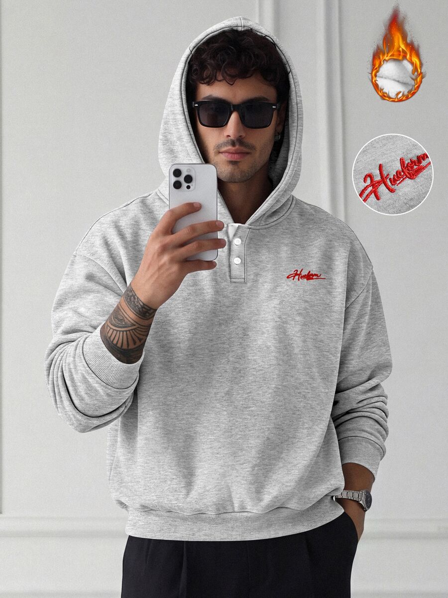 HUEFORM Men's Letter Embroidered Long Sleeve Casual Hoodie - Grey - View 1
