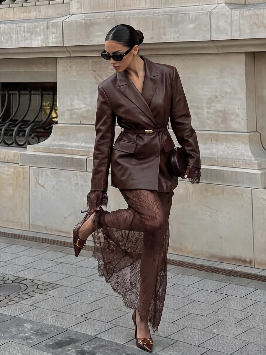 Silquee Elegant Button PU Jacket And Lace Sweet Long Skirt Suit Set