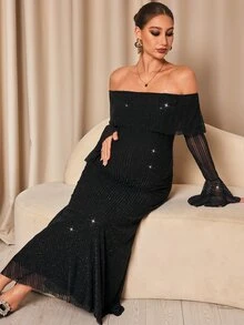 MaterniChic Maternity Solid Color Off-Shoulder Flared Sleeve Shiny Elegant Dress - Black - View 5