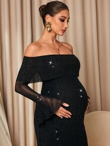 MaterniChic Maternity Solid Color Off-Shoulder Flared Sleeve Shiny Elegant Dress - Black - View 4