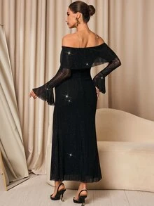 MaterniChic Maternity Solid Color Off-Shoulder Flared Sleeve Shiny Elegant Dress - Black - View 7
