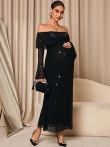MaterniChic Maternity Solid Color Off-Shoulder Flared Sleeve Shiny Elegant Dress - Black - View 3