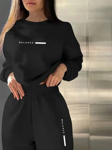 Zolique English Digital Print Casual Athleisure Matching Set, Thermal Lined, Autumn Cloth For Women Airport Gym Black And White - Black - View 7