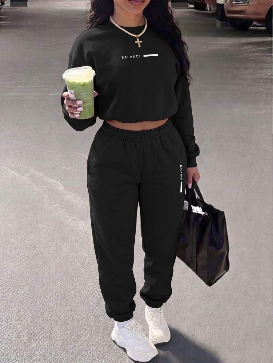 Zolique English Digital Print Casual Athleisure Matching Set, Thermal Lined, Autumn Cloth For Women Airport Gym Black And White - Black - View 1