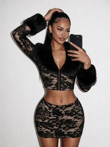 Amplova Women's Lace & Fur Trim 2 Pieces Set, Sexy Avant-Garde Ultra Low Waist Skirt With Side Ruched Detail, Fur Trim Cuffs, Fitted Button-Up Top, Suitable For Date Night - Black - View 1
