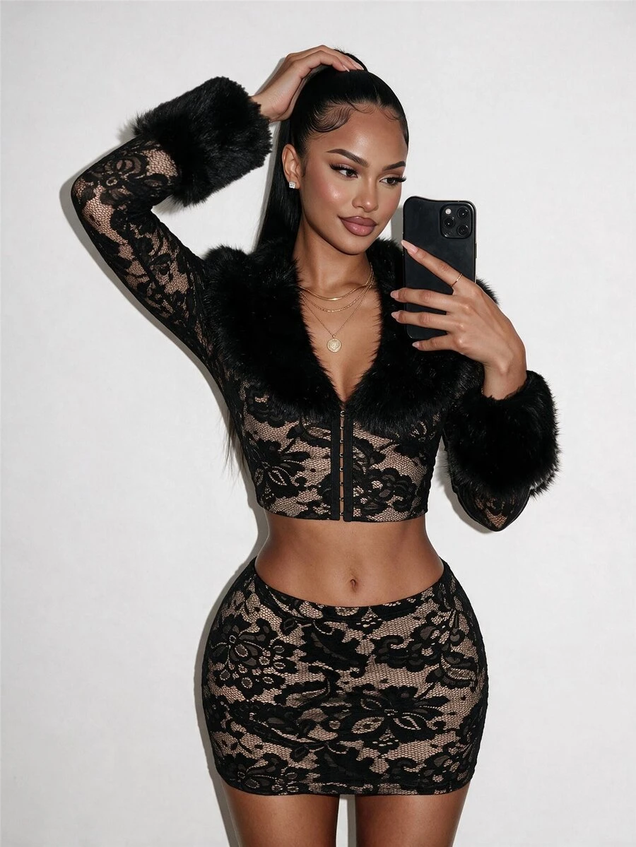 Amplova Women's Lace & Fur Trim 2 Pieces Set, Sexy Avant-Garde Ultra Low Waist Skirt With Side Ruched Detail, Fur Trim Cuffs, Fitted Button-Up Top, Suitable For Date Night - Black - View 1
