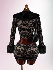 Amplova Women's Lace & Fur Trim 2 Pieces Set, Sexy Avant-Garde Ultra Low Waist Skirt With Side Ruched Detail, Fur Trim Cuffs, Fitted Button-Up Top, Suitable For Date Night - Black - View 4