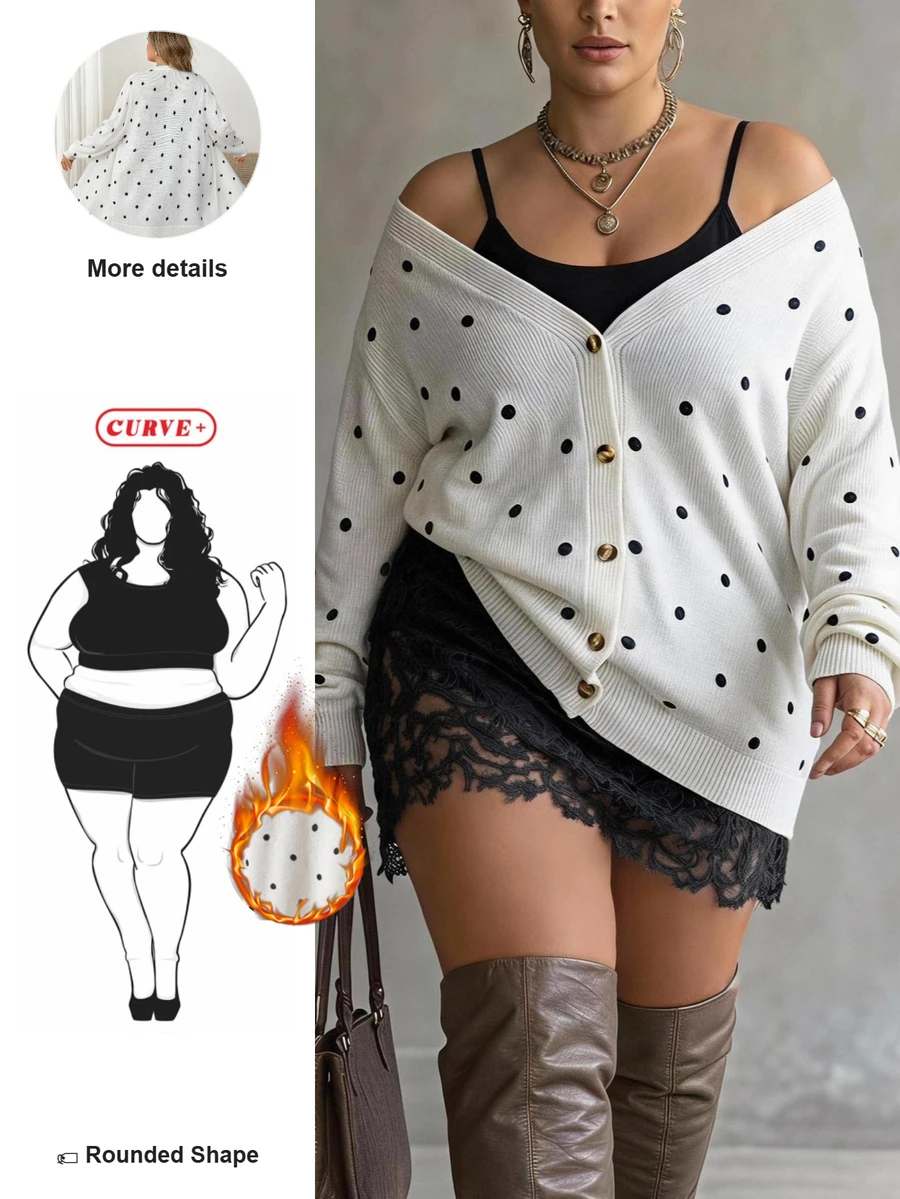 SHEIN CURVE+ Cardigan Rajut Polkadot Kasual Ukuran Besar untuk Aktivitas Luar Ruangan Musim Dingin - MultiWarna - View 1