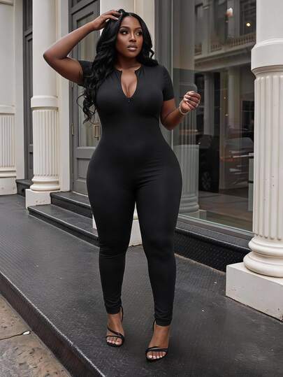 Slaydiva Women's Plus Size Jumpsuit For Daily & Casual Wear. Slim-Fit Zipper Up Short Sleeves Ankle-Length Jumpsuit