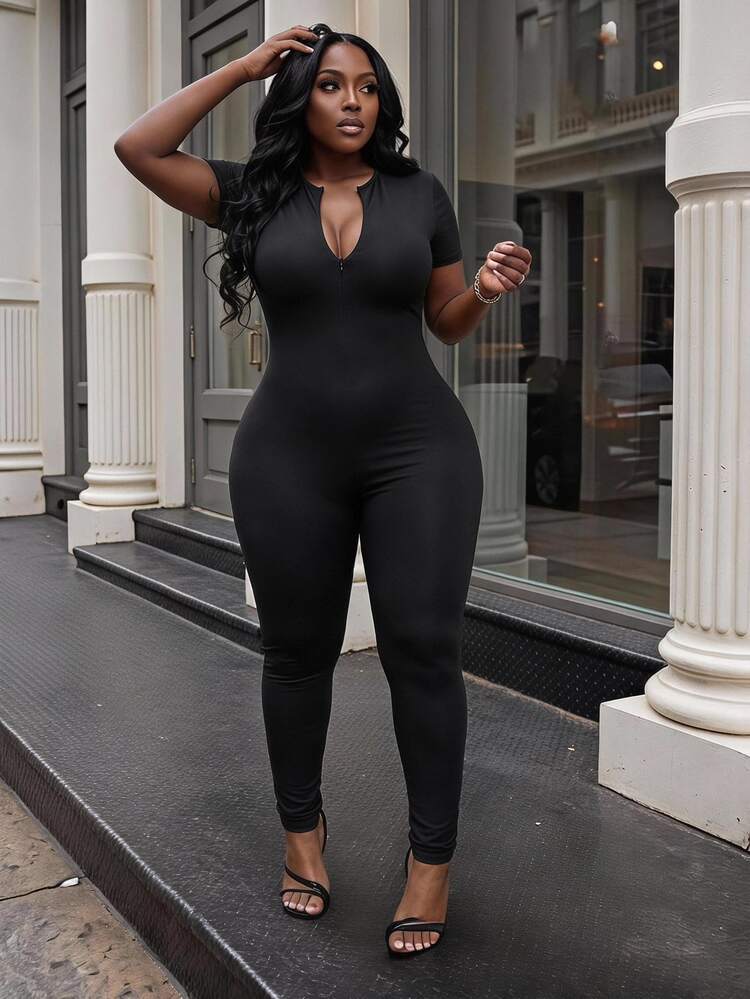 Slaydiva Women's Plus Size Jumpsuit For Daily & Casual Wear. Slim-Fit Zipper Up Short Sleeves Ankle-Length Jumpsuit - Black - View 1