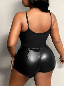 Slaydiva Plus Size Black Slim Fit Sleeveless Cami Bodysuit - Black - View 2
