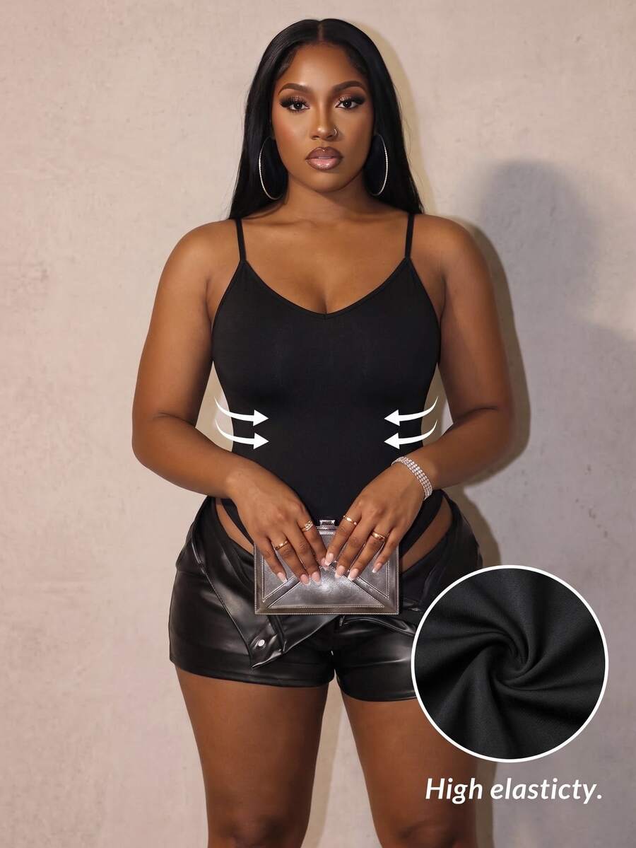 Slaydiva Plus Size Black Slim Fit Sleeveless Cami Bodysuit - Black - View 1