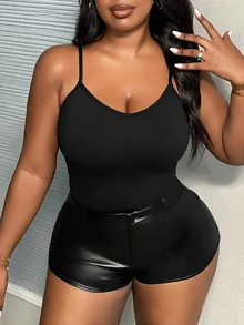 Slaydiva Plus Size Black Slim Fit Sleeveless Cami Bodysuit - Black - View 3