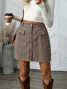 SHEIN LUNE Rok Mini A-Line Wanita Ukuran Besar Motif Houndstooth Cokelat Vintage Kancing Tunggal Pinggang Tinggi dengan Kantong Palsu untuk Musim Gugur - Coklat - View 1