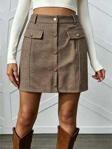 SHEIN LUNE Rok Mini A-Line Wanita Ukuran Besar Motif Houndstooth Cokelat Vintage Kancing Tunggal Pinggang Tinggi dengan Kantong Palsu untuk Musim Gugur - Coklat - View 5