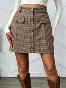 SHEIN LUNE Rok Mini A-Line Wanita Ukuran Besar Motif Houndstooth Cokelat Vintage Kancing Tunggal Pinggang Tinggi dengan Kantong Palsu untuk Musim Gugur - Coklat - View 4