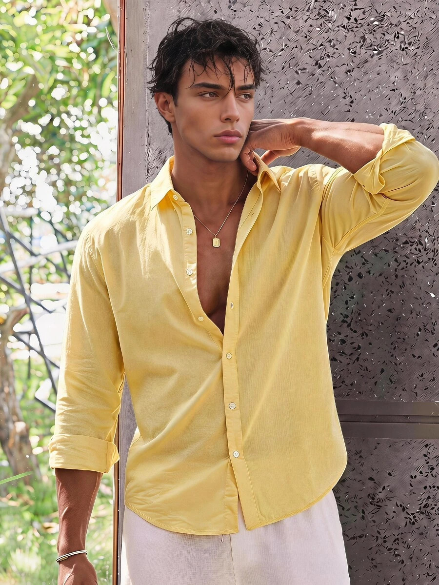 ESTAVOR Men Casual Yellow Long Sleeve Button Down Shirt For Summer Beach Style Lightweight Yellow Collared Button Up Shirt Perfect For Vacations