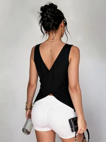 SHEIN Dewbera Criss-Cross Hollow-Out Textured Sports Tank Top - White - View 1