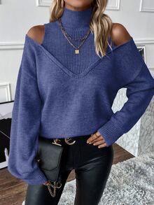 SHEIN Casual Solid Color Off-Shoulder Stand Collar Sweater, Autumn/Winter - Navy Blue - View 4