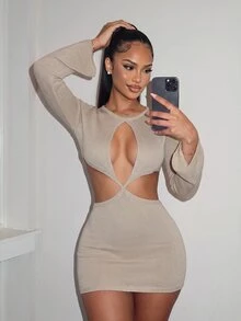 Amplova Women's Knit Jumpsuit Deep V-Neck Long Sleeve Vintage Sexy Club Party Night Out Apricot Autumn - Apricot - View 4