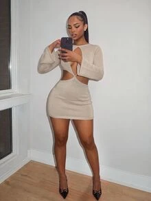 Amplova Women's Knit Jumpsuit Deep V-Neck Long Sleeve Vintage Sexy Club Party Night Out Apricot Autumn - Apricot - View 3