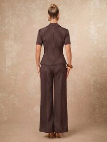 Lumalex 優雅法式休閒商務棕色條紋女款短袖西裝外套與長褲套裝，高腰直筒套裝，V領，適合辦公室、早午餐、商務工作，秋季 - 棕色 - 查看 10