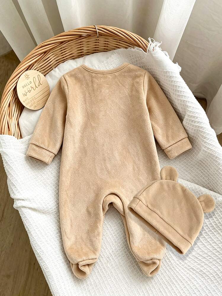 SHEIN (盲盒 6件/1件帽子隨機禮物) 新生兒長袖圓領連身衣，藍色/杏色/灰色/卡其色，卡通考拉/大象/汽車/消防車/恐龍印花，簡約休閒舒適柔軟可愛毛絨家居服，適合居家與戶外穿著，冬季 - 彩色 - 查看 2