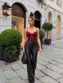 Silquee 女款優雅秋冬酒紅色彈性PU仿蕾絲連身衣（適合疊穿）– 完美適用於夜店或作為約會之夜內搭層 - 酒紅色 - 查看 4