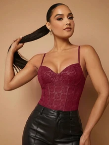 Silquee 女款優雅秋冬酒紅色彈性PU仿蕾絲連身衣（適合疊穿）– 完美適用於夜店或作為約會之夜內搭層 - 酒紅色 - 查看 7