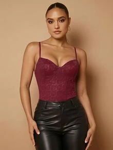Silquee 女款優雅秋冬酒紅色彈性PU仿蕾絲連身衣（適合疊穿）– 完美適用於夜店或作為約會之夜內搭層 - 酒紅色 - 查看 8