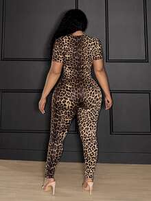 Slaydiva Plus Size Casual Sexy 70's Solid Color Fitted Zip-Up Short Sleeve Jumpsuit For Women Night Party Rave Beige Summer - Multicolor - View 2