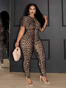 Slaydiva Plus Size Casual Sexy 70's Solid Color Fitted Zip-Up Short Sleeve Jumpsuit For Women Night Party Rave Beige Summer - Multicolor - View 3
