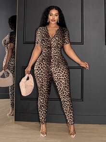 Slaydiva Plus Size Casual Sexy 70's Solid Color Fitted Zip-Up Short Sleeve Jumpsuit For Women Night Party Rave Beige Summer - Multicolor - View 5