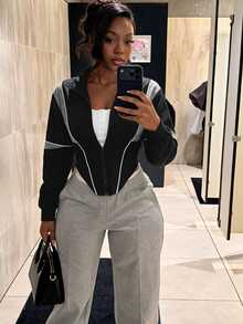 Zolique Colorblock Sporty Cropped Jacket With Waist-Flattering Fit, Stand Collar, Zipper And Asymmetrical Hem - Black - View 3