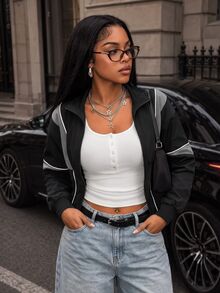Zolique Colorblock Sporty Cropped Jacket With Waist-Flattering Fit, Stand Collar, Zipper And Asymmetrical Hem - Black - View 8