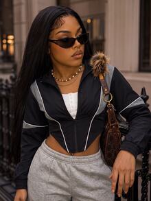Zolique Colorblock Sporty Cropped Jacket With Waist-Flattering Fit, Stand Collar, Zipper And Asymmetrical Hem - Black - View 2